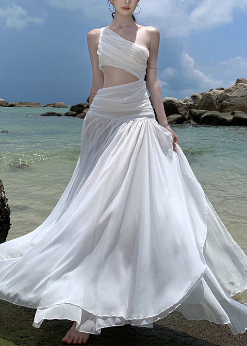 Wrinkled French White Asymmetrical Vacation Chiffon Dresses FashionChic