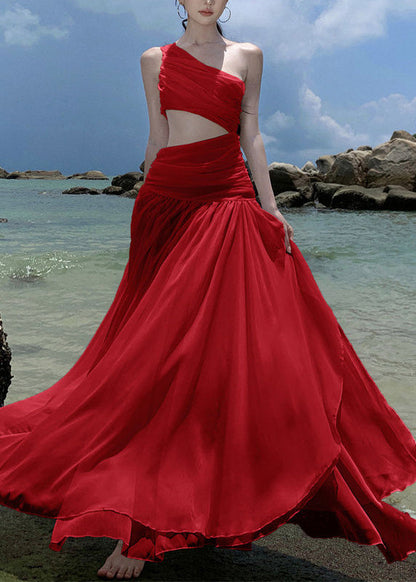 Wrinkled French White Asymmetrical Vacation Chiffon Dresses FashionChic