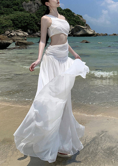 Wrinkled French White Asymmetrical Vacation Chiffon Dresses FashionChic