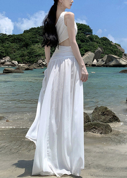 Wrinkled French White Asymmetrical Vacation Chiffon Dresses FashionChic