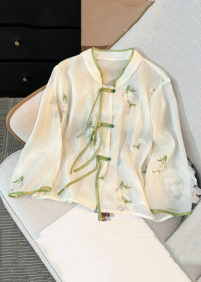 French White Chinese Button Embroidered Chiffon Shirt Long Sleeve JH064 MMDM-LTP240717