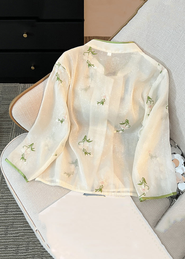 French White Chinese Button Embroidered Chiffon Shirt Long Sleeve JH064 MMDM-LTP240717