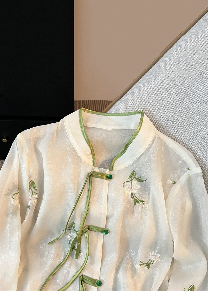 French White Chinese Button Embroidered Chiffon Shirt Long Sleeve JH064 MMDM-LTP240717