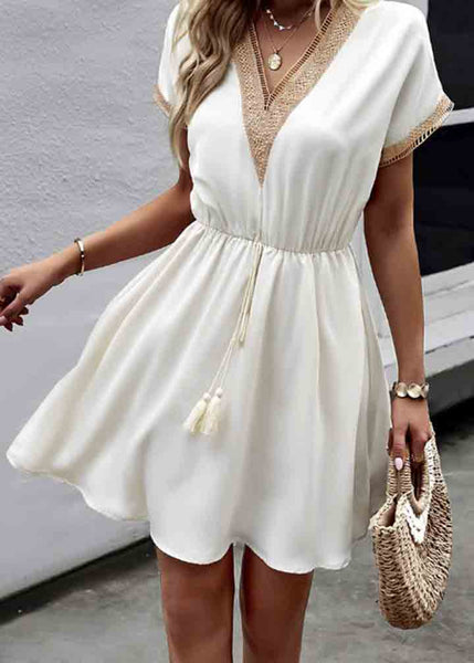 Lace Summer White French Dress Cinched Patchwork Mini FashionChic