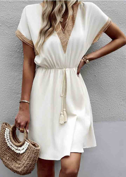 Lace Summer White French Dress Cinched Patchwork Mini FashionChic