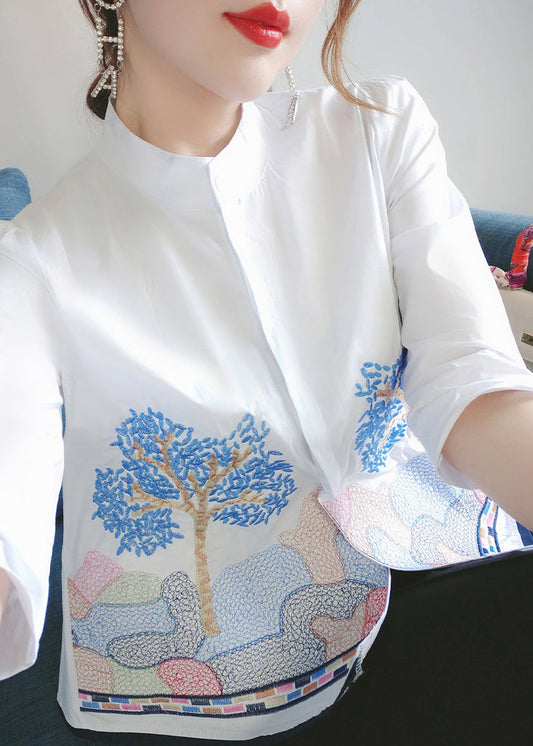 French White Embroidered Button Cotton Shirts Bracelet Sleeve Ada Fashion