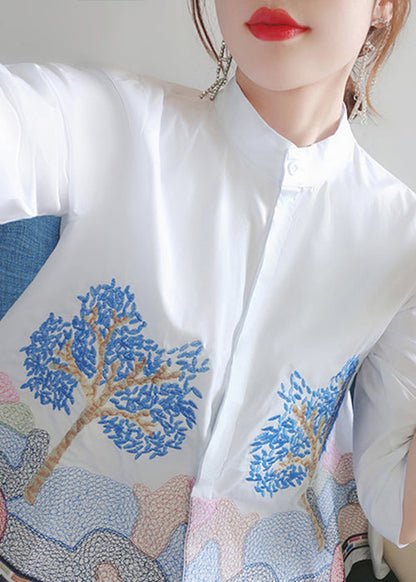 French White Embroidered Button Cotton Shirts Bracelet Sleeve Ada Fashion