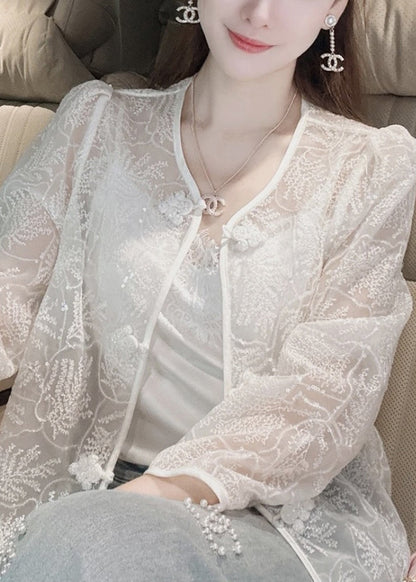 French White Embroidered Button Sequins Lace Coat Summer Ada Fashion