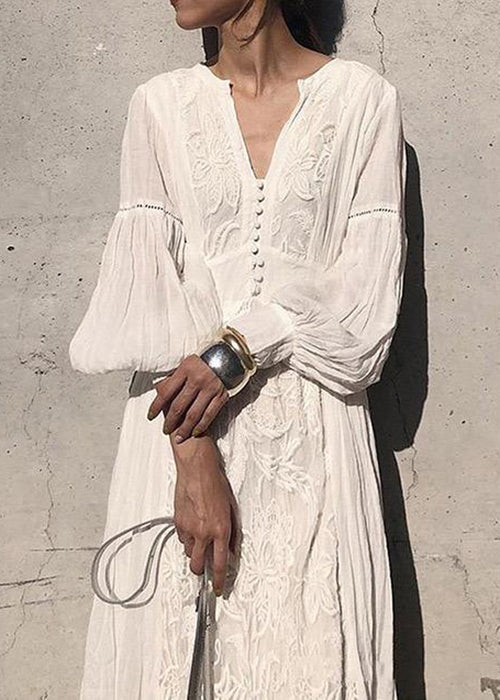 Lantern Long High Embroidered Dress Waist White Sleeve French FashionChic