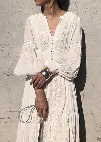 Lantern Long High Embroidered Dress Waist White Sleeve French FashionChic