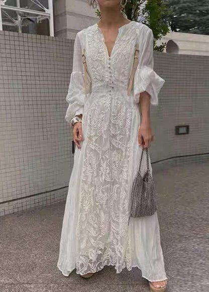 Lantern Long High Embroidered Dress Waist White Sleeve French FashionChic