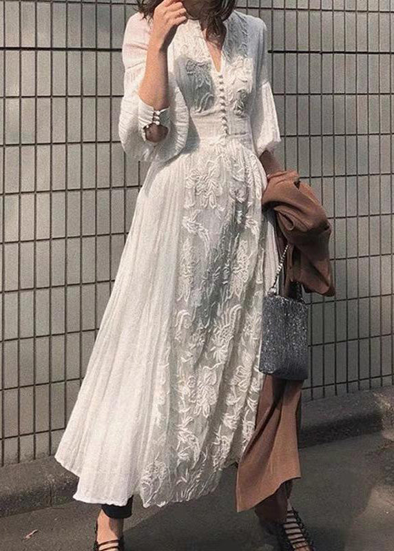 Lantern Long High Embroidered Dress Waist White Sleeve French FashionChic
