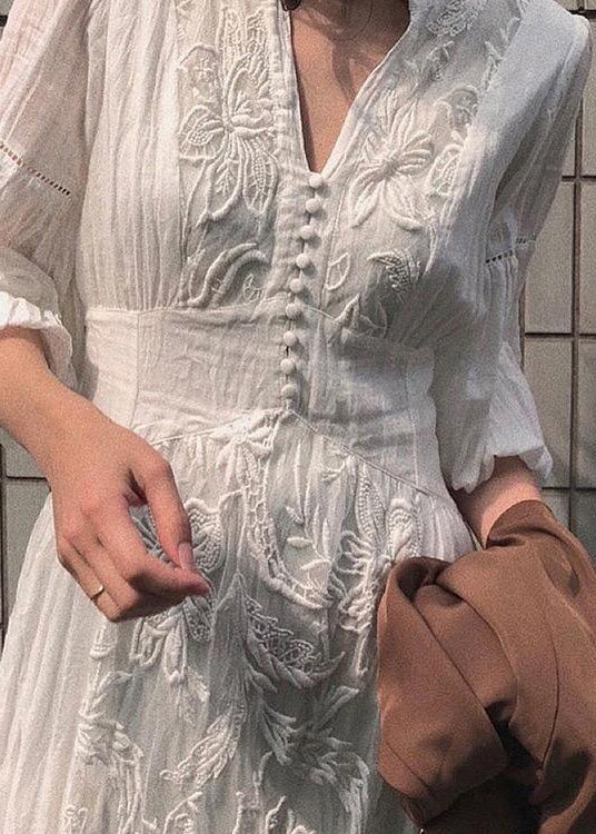 Lantern Long High Embroidered Dress Waist White Sleeve French FashionChic