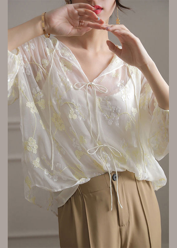 French White Embroidered Lace Up Silk Shirt Bracelet Sleeve OP1028 Ada Fashion