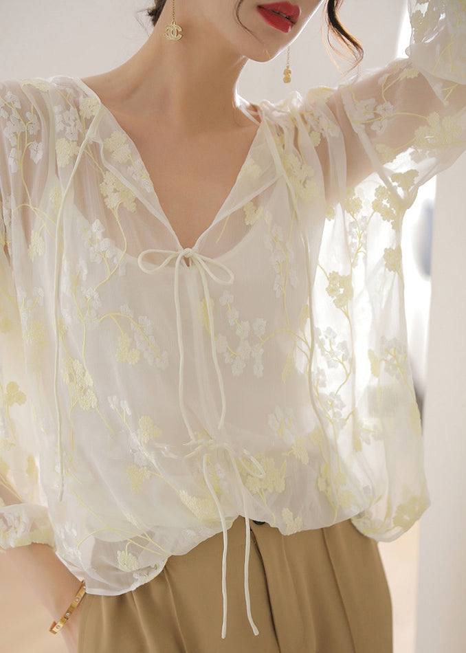 French White Embroidered Lace Up Silk Shirt Bracelet Sleeve OP1028 Ada Fashion