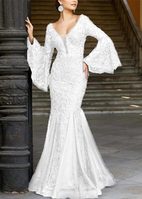 Embroidered Sleeve French Fishtail Flare Dresses Lace Solid White FashionChic