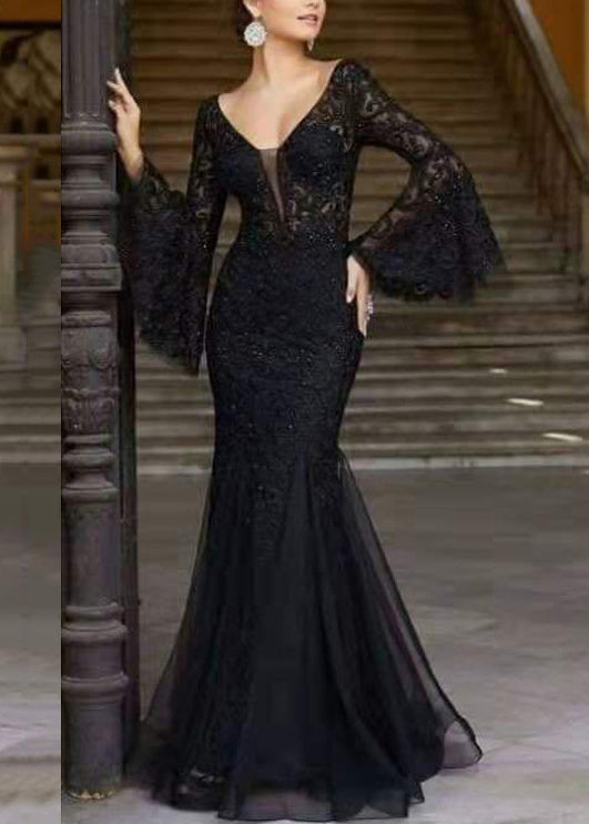 Embroidered Sleeve French Fishtail Flare Dresses Lace Solid White FashionChic