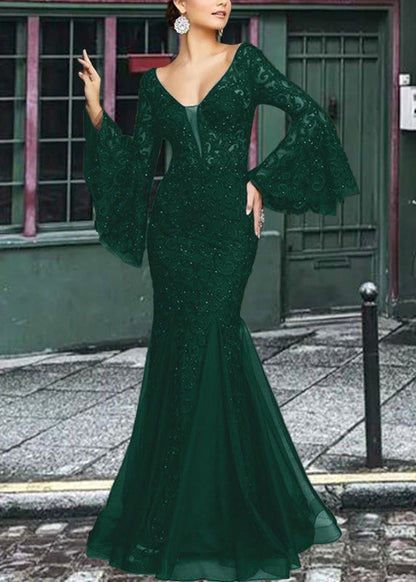 Embroidered Sleeve French Fishtail Flare Dresses Lace Solid White FashionChic