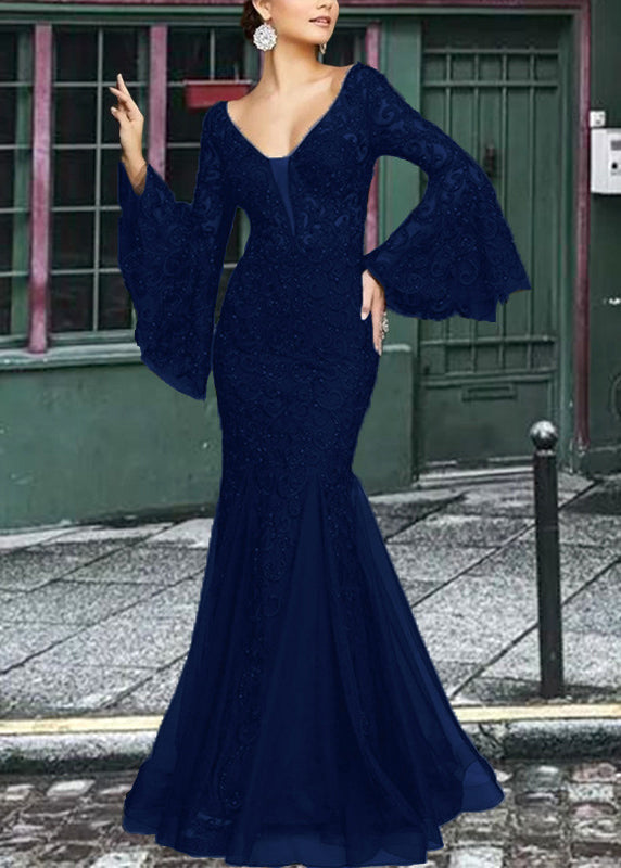 Embroidered Sleeve French Fishtail Flare Dresses Lace Solid White FashionChic