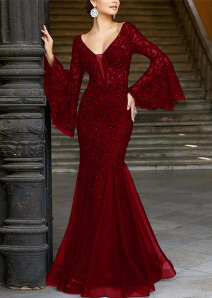 Embroidered Sleeve French Fishtail Flare Dresses Lace Solid White FashionChic