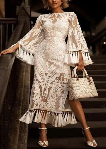 French White Embroidered Tasseled Lace Dress Two Pieces Set Fall QR015 BB-ZS-WM-TPIEC240929