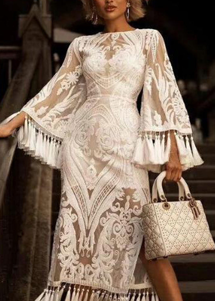 French White Embroidered Tasseled Lace Dress Two Pieces Set Fall QR015 BB-ZS-WM-TPIEC240929