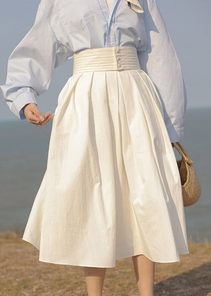 Jupe patchwork blanche française en coton, taille haute, poches, automne TU050