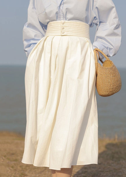 Jupe patchwork blanche française en coton, taille haute, poches, automne TU050