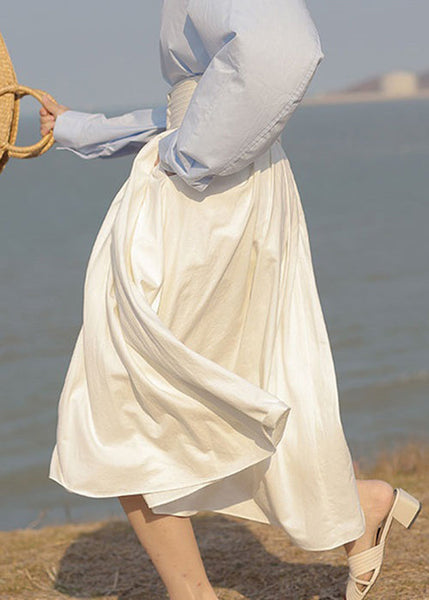 Jupe patchwork blanche française en coton, taille haute, poches, automne TU050