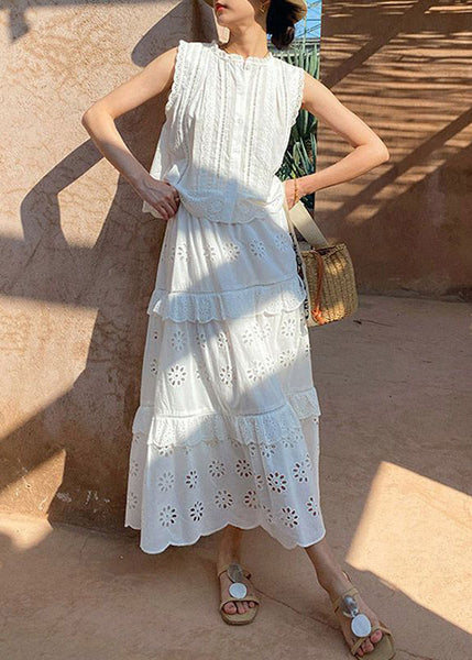 Two Out Hollow And Blouses French Cotton Pieces Skirts Set White FashionChic