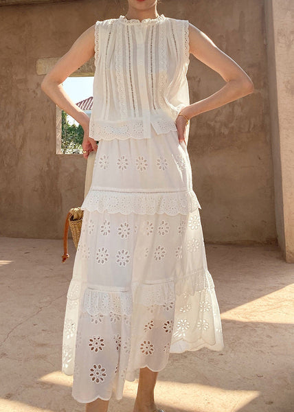 Two Out Hollow And Blouses French Cotton Pieces Skirts Set White FashionChic