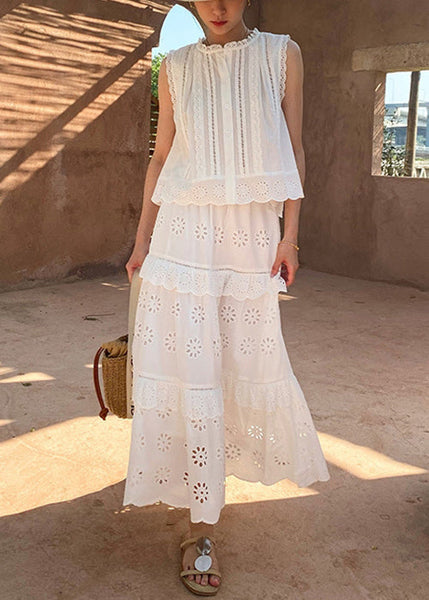 Two Out Hollow And Blouses French Cotton Pieces Skirts Set White FashionChic