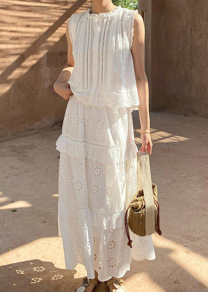 Two Out Hollow And Blouses French Cotton Pieces Skirts Set White FashionChic