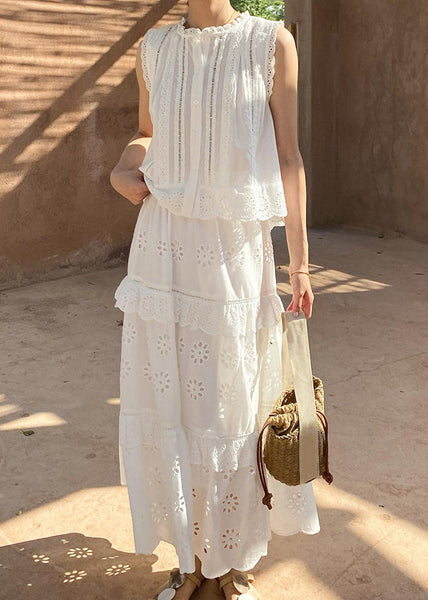 Two Out Hollow And Blouses French Cotton Pieces Skirts Set White FashionChic