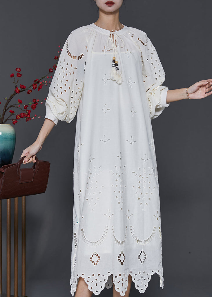 French White Hollow Out Cotton Long Dress Spring SD1031 Ada Fashion