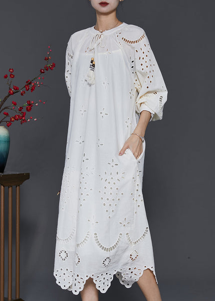 French White Hollow Out Cotton Long Dress Spring SD1031 Ada Fashion