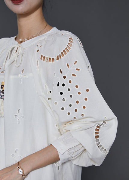 French White Hollow Out Cotton Long Dress Spring SD1031 Ada Fashion