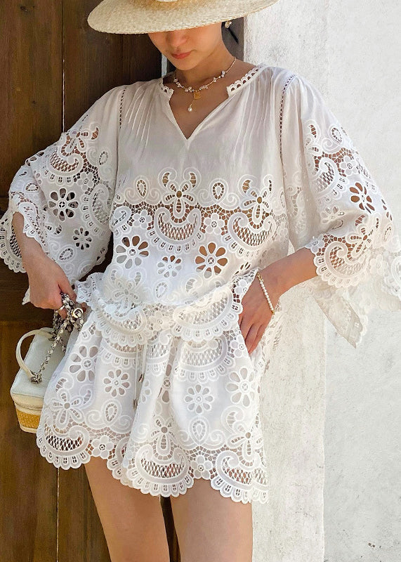 Out Lace Set Embroidery Hollow White French Summer For FashionChic
