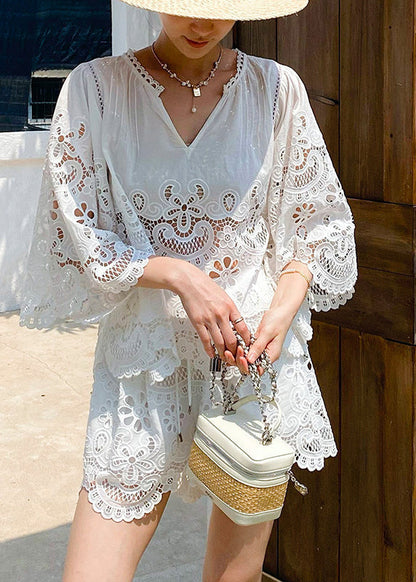 Out Lace Set Embroidery Hollow White French Summer For FashionChic