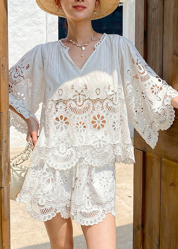 Out Lace Set Embroidery Hollow White French Summer For FashionChic