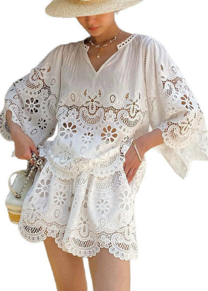 Out Lace Set Embroidery Hollow White French Summer For FashionChic