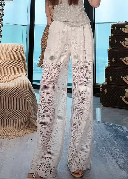 French White Hollow Out Pockets Elastic Waist Lace Pants Summer AB1012 Genistyle Shop