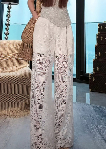 French White Hollow Out Pockets Elastic Waist Lace Pants Summer AB1012 Genistyle Shop