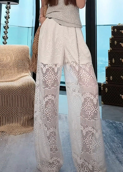 French White Hollow Out Pockets Elastic Waist Lace Pants Summer AB1012 Genistyle Shop