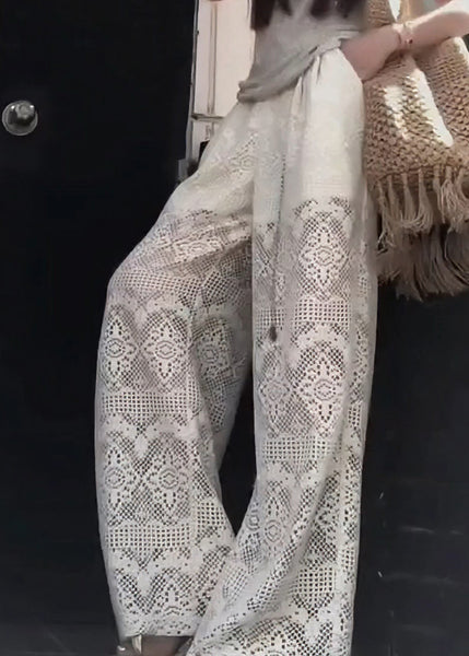 French White Hollow Out Pockets Elastic Waist Lace Pants Summer AB1012 Genistyle Shop