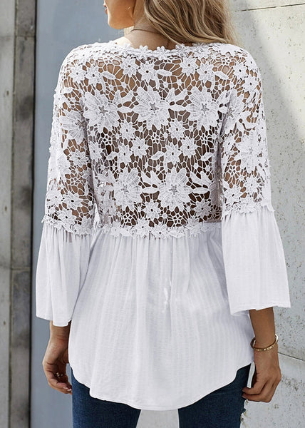 Shirts White Patchwork Flare French Sleeve Lace FashionChic