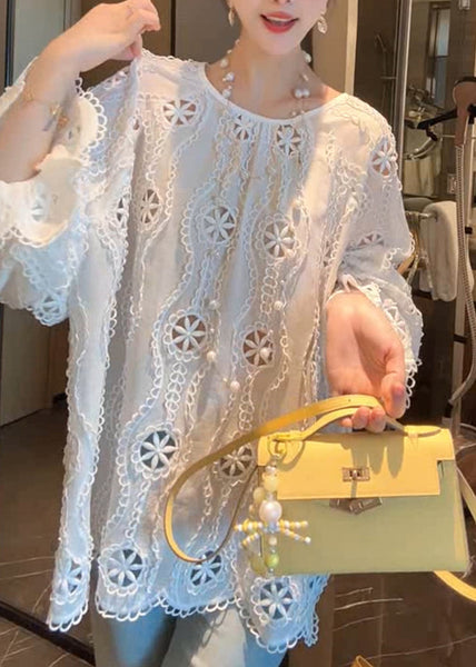 French Hollow White Out Sleeve Cotton Flare Shirt O Neck FashionChic