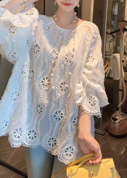 French Hollow White Out Sleeve Cotton Flare Shirt O Neck FashionChic
