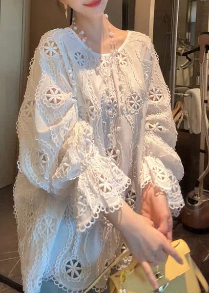 French Hollow White Out Sleeve Cotton Flare Shirt O Neck FashionChic