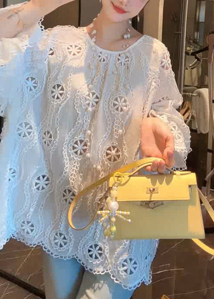 French Hollow White Out Sleeve Cotton Flare Shirt O Neck FashionChic